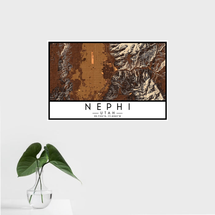 16x24 Nephi Utah Map Print Landscape Orientation in Ember Style With Tropical Plant Leaves in Water