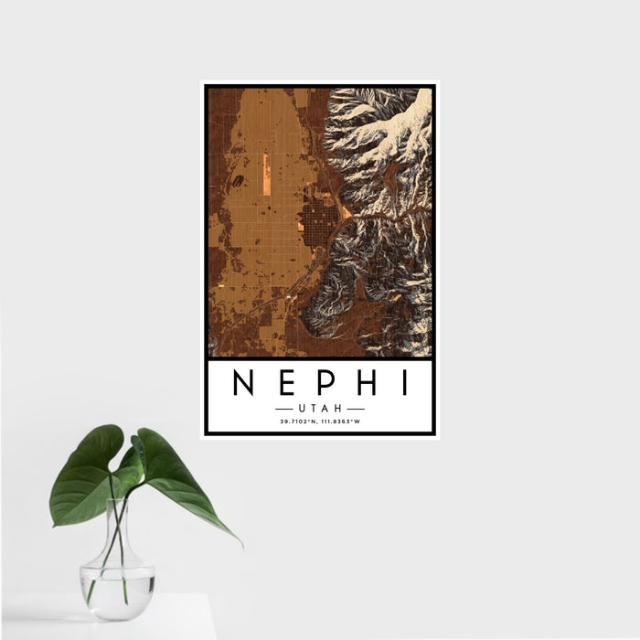 16x24 Nephi Utah Map Print Portrait Orientation in Ember Style With Tropical Plant Leaves in Water