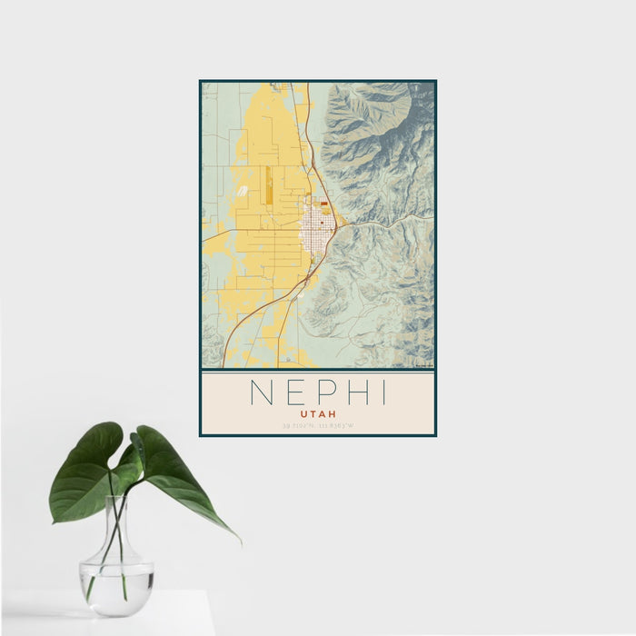 16x24 Nephi Utah Map Print Portrait Orientation in Woodblock Style With Tropical Plant Leaves in Water