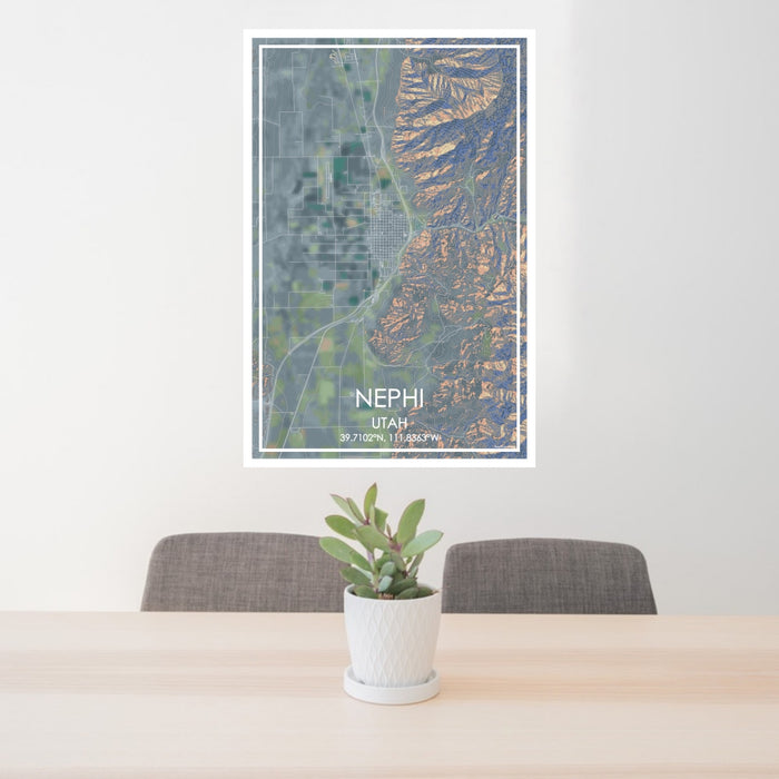 24x36 Nephi Utah Map Print Portrait Orientation in Afternoon Style Behind 2 Chairs Table and Potted Plant