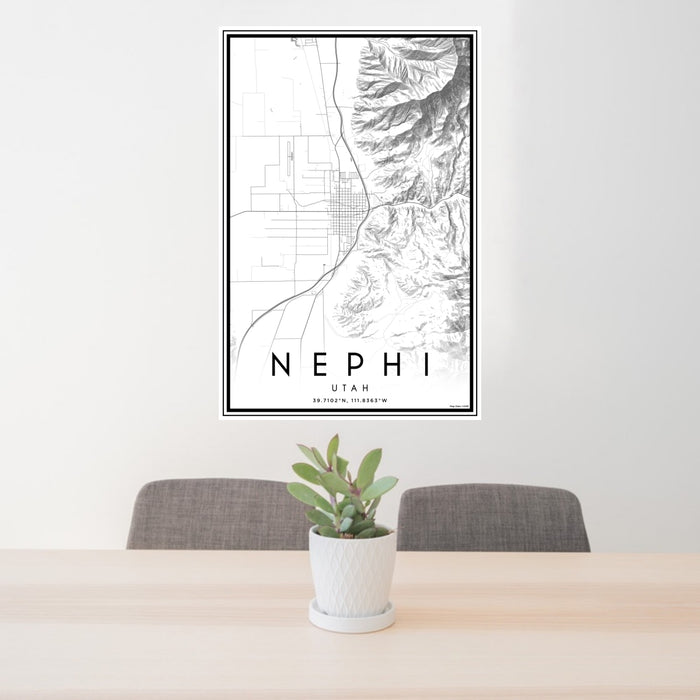 24x36 Nephi Utah Map Print Portrait Orientation in Classic Style Behind 2 Chairs Table and Potted Plant