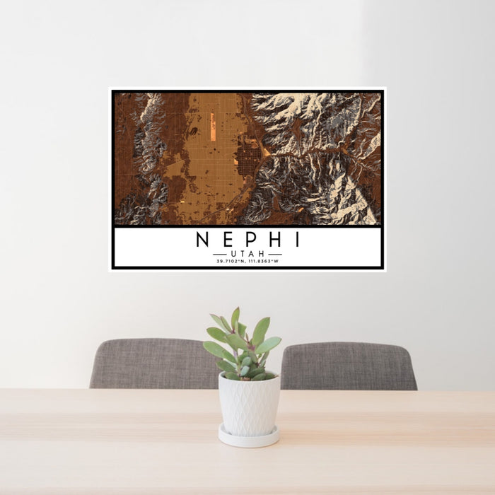 24x36 Nephi Utah Map Print Lanscape Orientation in Ember Style Behind 2 Chairs Table and Potted Plant