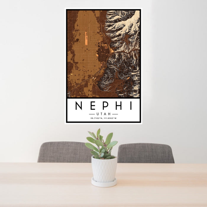 24x36 Nephi Utah Map Print Portrait Orientation in Ember Style Behind 2 Chairs Table and Potted Plant