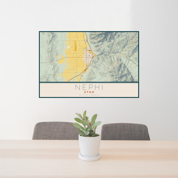 24x36 Nephi Utah Map Print Lanscape Orientation in Woodblock Style Behind 2 Chairs Table and Potted Plant