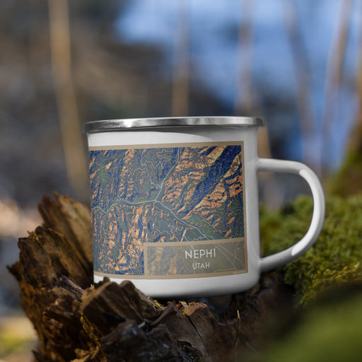 Right View Custom Nephi Utah Map Enamel Mug in Afternoon on Grass With Trees in Background