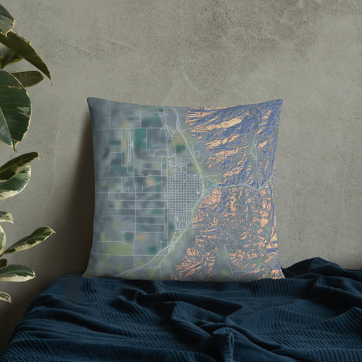 Custom Nephi Utah Map Throw Pillow in Afternoon on Bedding Against Wall