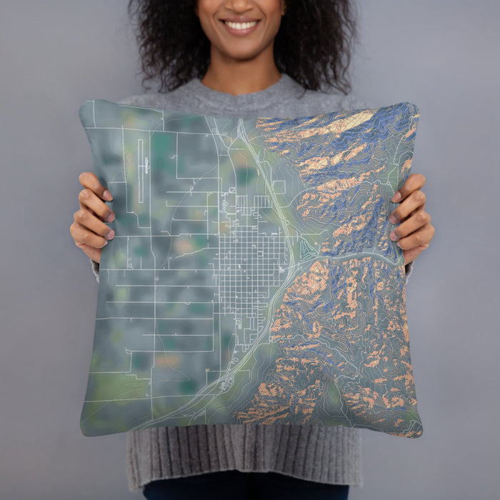 Person holding 18x18 Custom Nephi Utah Map Throw Pillow in Afternoon