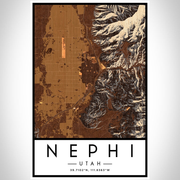 Nephi Utah Map Print Portrait Orientation in Ember Style With Shaded Background