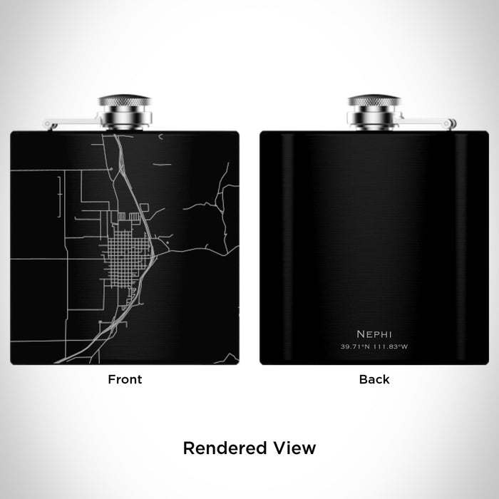 Rendered View of Nephi Utah Map Engraving on 6oz Stainless Steel Flask in Black