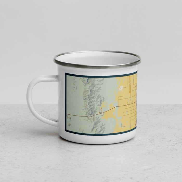 Left View Custom Nephi Utah Map Enamel Mug in Woodblock