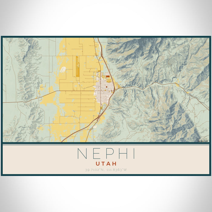 Nephi Utah Map Print Landscape Orientation in Woodblock Style With Shaded Background