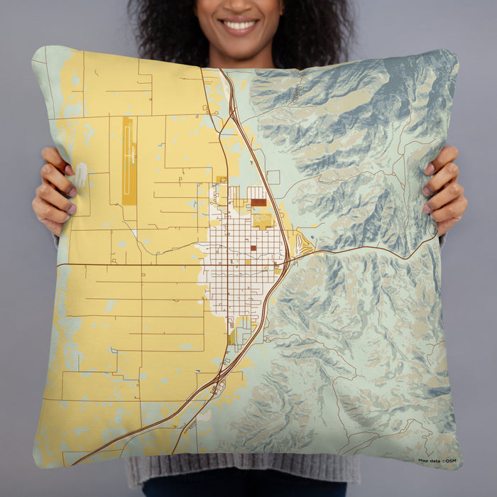 Person holding 22x22 Custom Nephi Utah Map Throw Pillow in Woodblock