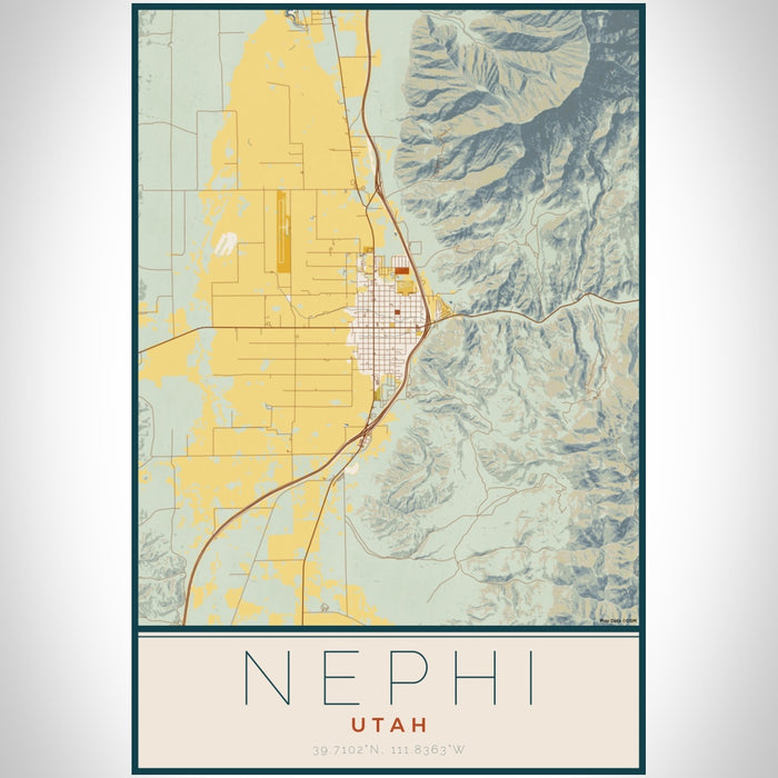 Nephi Utah Map Print Portrait Orientation in Woodblock Style With Shaded Background