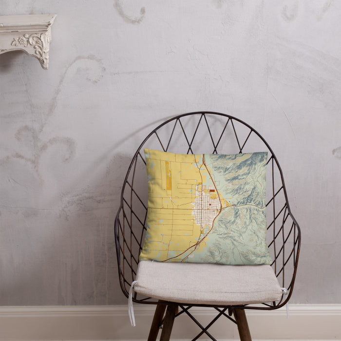 Custom Nephi Utah Map Throw Pillow in Woodblock on Cream Colored Couch