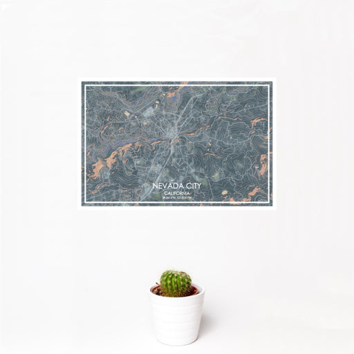 12x18 Nevada City California Map Print Landscape Orientation in Afternoon Style With Small Cactus Plant in White Planter