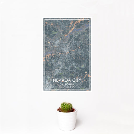 12x18 Nevada City California Map Print Portrait Orientation in Afternoon Style With Small Cactus Plant in White Planter