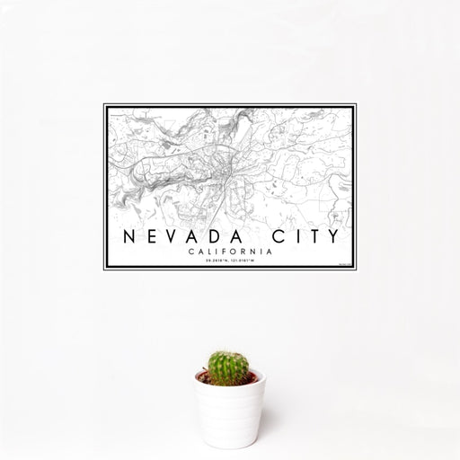 12x18 Nevada City California Map Print Landscape Orientation in Classic Style With Small Cactus Plant in White Planter