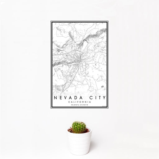 12x18 Nevada City California Map Print Portrait Orientation in Classic Style With Small Cactus Plant in White Planter