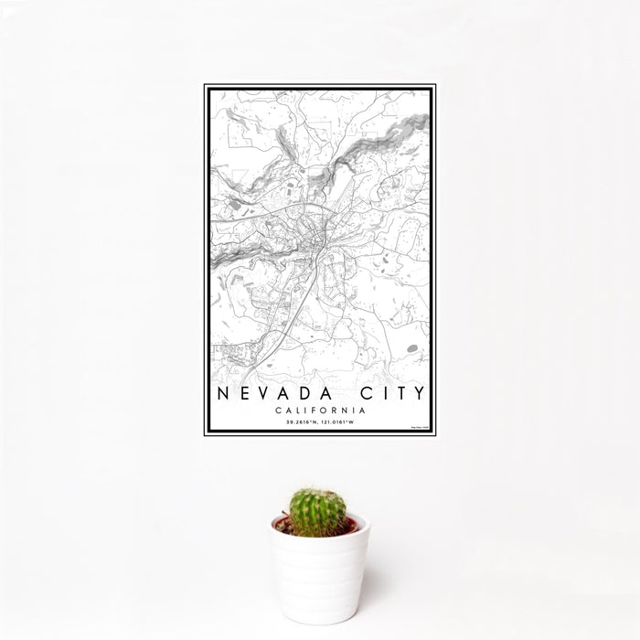 12x18 Nevada City California Map Print Portrait Orientation in Classic Style With Small Cactus Plant in White Planter