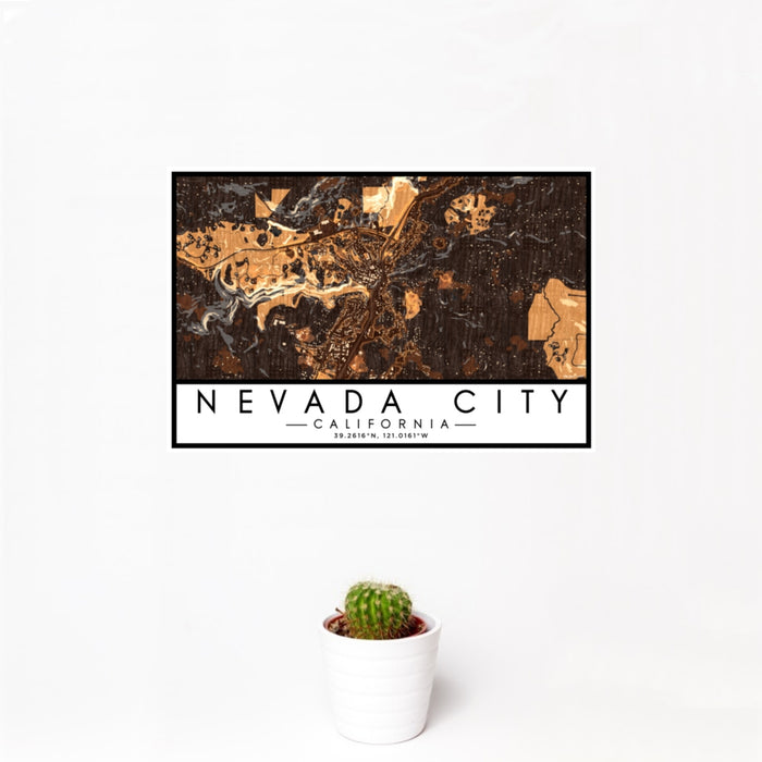 12x18 Nevada City California Map Print Landscape Orientation in Ember Style With Small Cactus Plant in White Planter