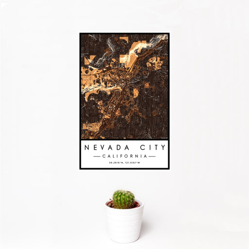 12x18 Nevada City California Map Print Portrait Orientation in Ember Style With Small Cactus Plant in White Planter