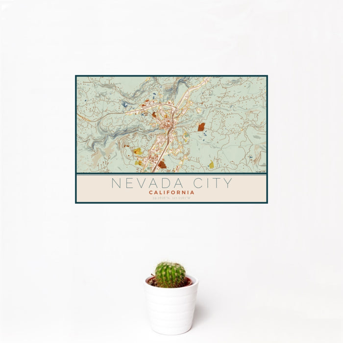 12x18 Nevada City California Map Print Landscape Orientation in Woodblock Style With Small Cactus Plant in White Planter