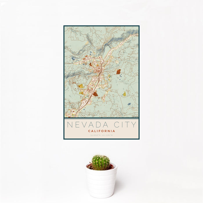 12x18 Nevada City California Map Print Portrait Orientation in Woodblock Style With Small Cactus Plant in White Planter