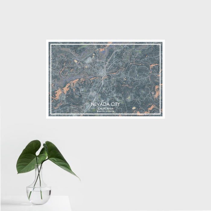 16x24 Nevada City California Map Print Landscape Orientation in Afternoon Style With Tropical Plant Leaves in Water