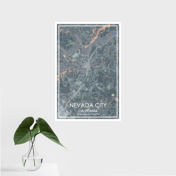 16x24 Nevada City California Map Print Portrait Orientation in Afternoon Style With Tropical Plant Leaves in Water