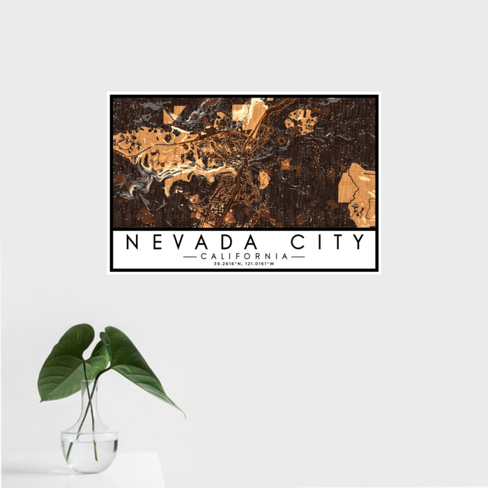 16x24 Nevada City California Map Print Landscape Orientation in Ember Style With Tropical Plant Leaves in Water