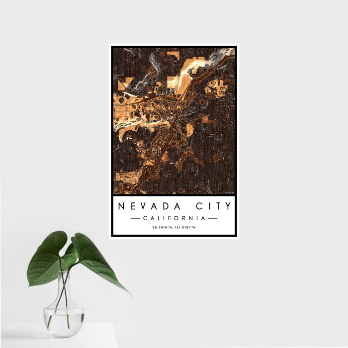 16x24 Nevada City California Map Print Portrait Orientation in Ember Style With Tropical Plant Leaves in Water