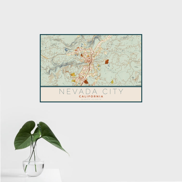 16x24 Nevada City California Map Print Landscape Orientation in Woodblock Style With Tropical Plant Leaves in Water