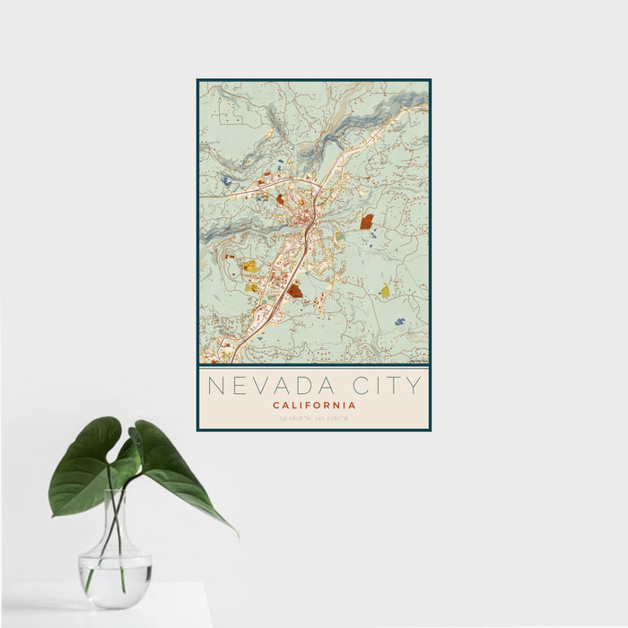 16x24 Nevada City California Map Print Portrait Orientation in Woodblock Style With Tropical Plant Leaves in Water