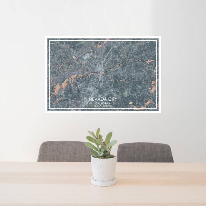 24x36 Nevada City California Map Print Lanscape Orientation in Afternoon Style Behind 2 Chairs Table and Potted Plant