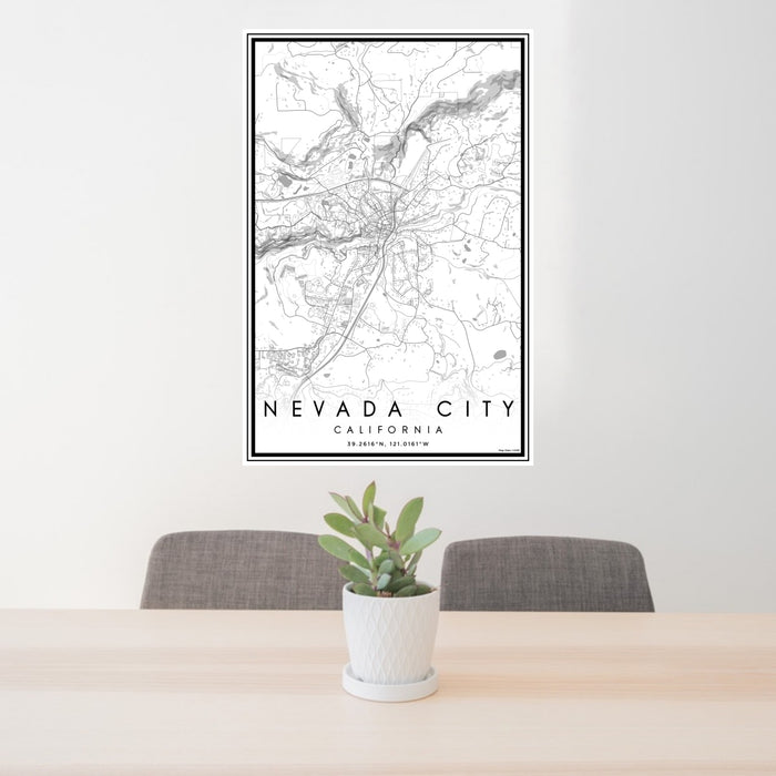 24x36 Nevada City California Map Print Portrait Orientation in Classic Style Behind 2 Chairs Table and Potted Plant
