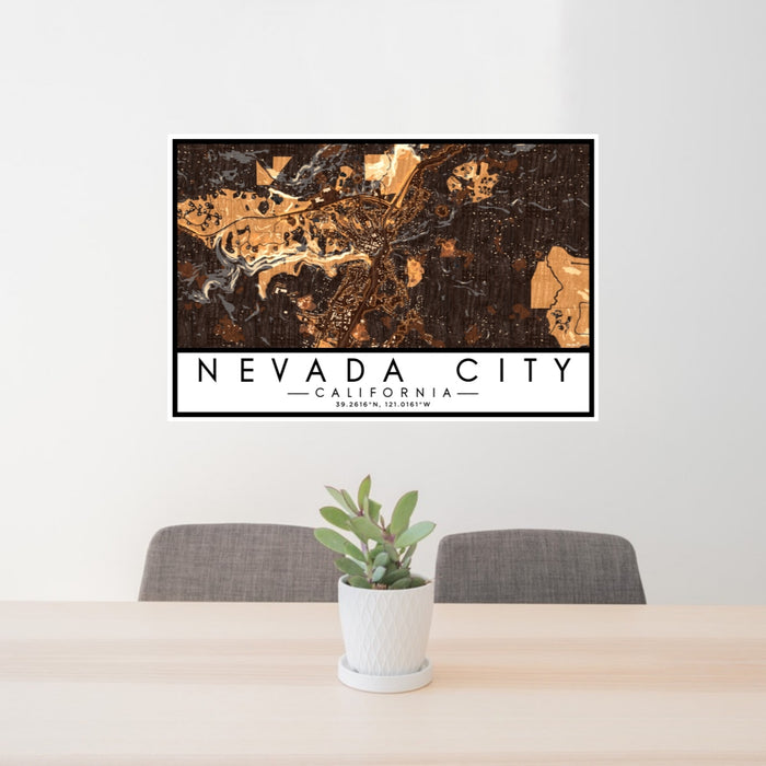 24x36 Nevada City California Map Print Lanscape Orientation in Ember Style Behind 2 Chairs Table and Potted Plant