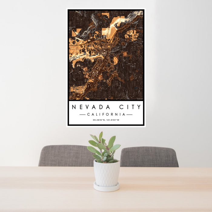 24x36 Nevada City California Map Print Portrait Orientation in Ember Style Behind 2 Chairs Table and Potted Plant