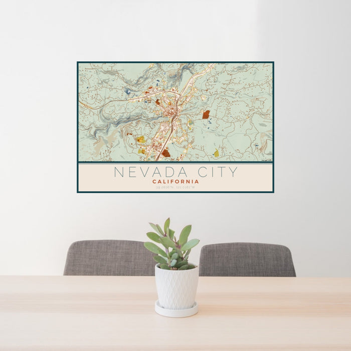 24x36 Nevada City California Map Print Lanscape Orientation in Woodblock Style Behind 2 Chairs Table and Potted Plant