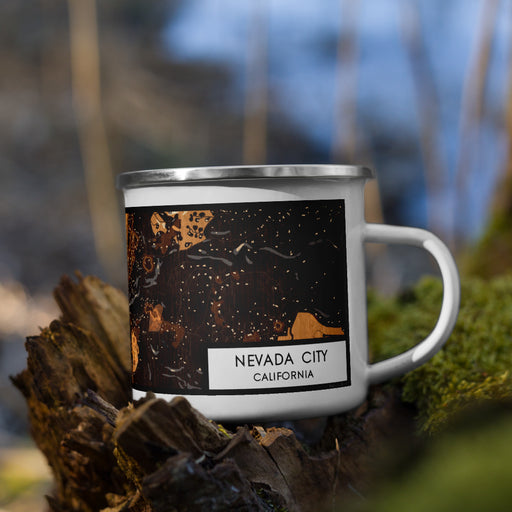 Right View Custom Nevada City California Map Enamel Mug in Ember on Grass With Trees in Background
