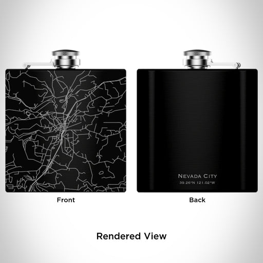 Rendered View of Nevada City California Map Engraving on 6oz Stainless Steel Flask in Black