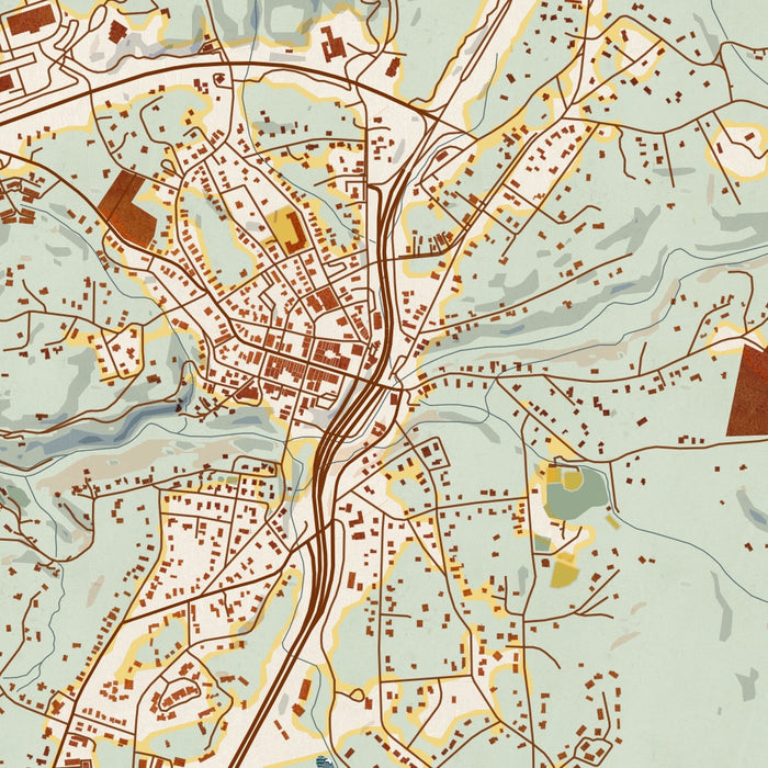 Nevada City California Map Print in Woodblock Style Zoomed In Close Up Showing Details