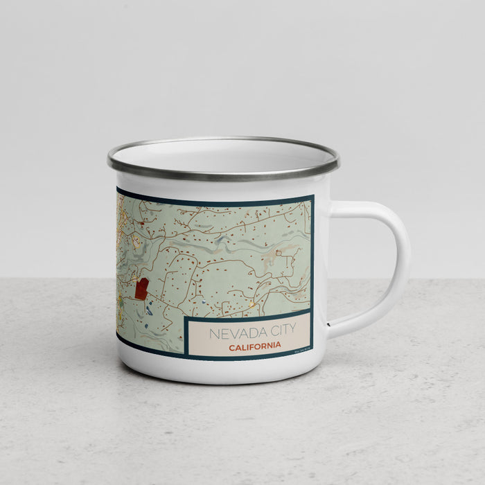 Right View Custom Nevada City California Map Enamel Mug in Woodblock