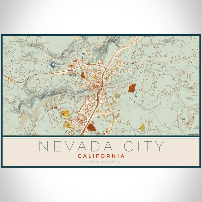 Nevada City California Map Print Landscape Orientation in Woodblock Style With Shaded Background