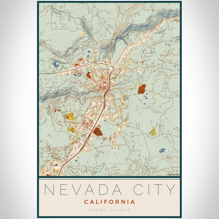 Nevada City California Map Print Portrait Orientation in Woodblock Style With Shaded Background