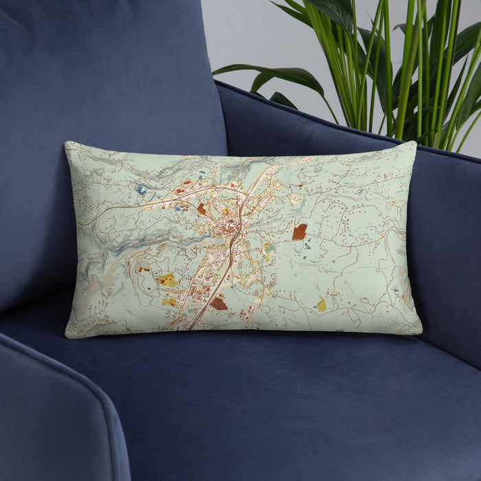 Custom Nevada City California Map Throw Pillow in Woodblock on Blue Colored Chair