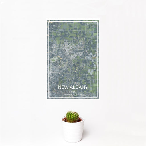 12x18 New Albany Ohio Map Print Portrait Orientation in Afternoon Style With Small Cactus Plant in White Planter