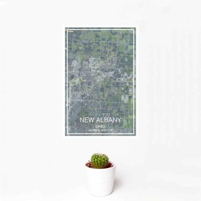 12x18 New Albany Ohio Map Print Portrait Orientation in Afternoon Style With Small Cactus Plant in White Planter