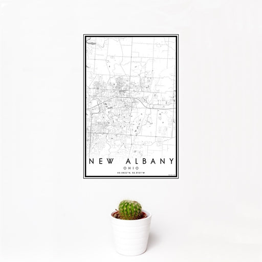 12x18 New Albany Ohio Map Print Portrait Orientation in Classic Style With Small Cactus Plant in White Planter