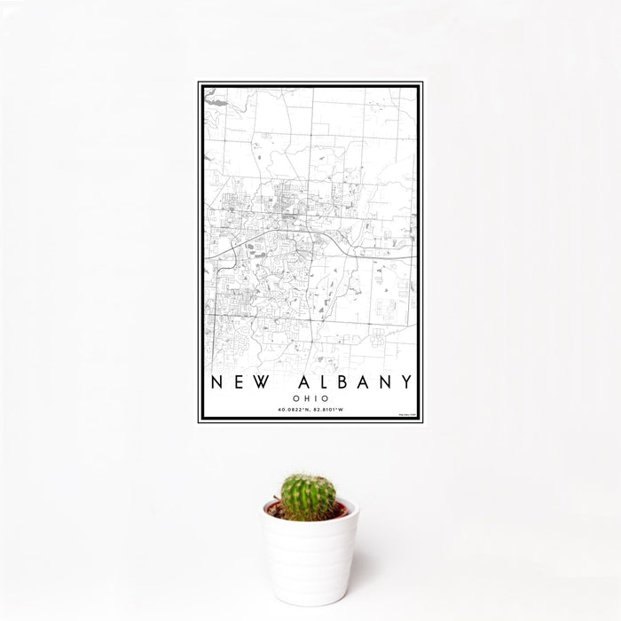 12x18 New Albany Ohio Map Print Portrait Orientation in Classic Style With Small Cactus Plant in White Planter