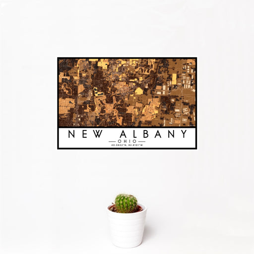 12x18 New Albany Ohio Map Print Landscape Orientation in Ember Style With Small Cactus Plant in White Planter